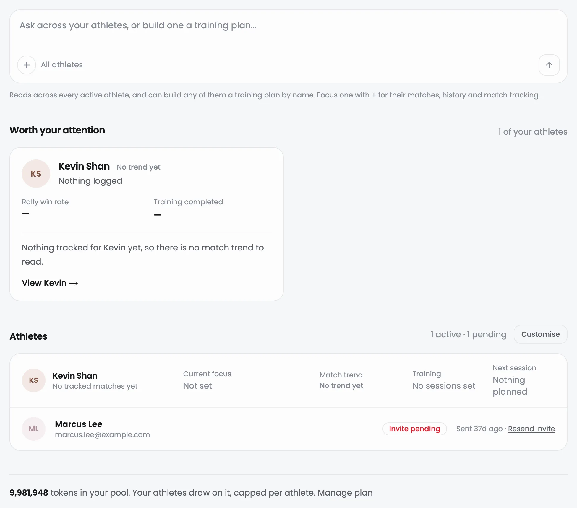 The Athletes page: the question box, a Worth your attention card for one athlete, the roster with a pending invite, and the token pool line.