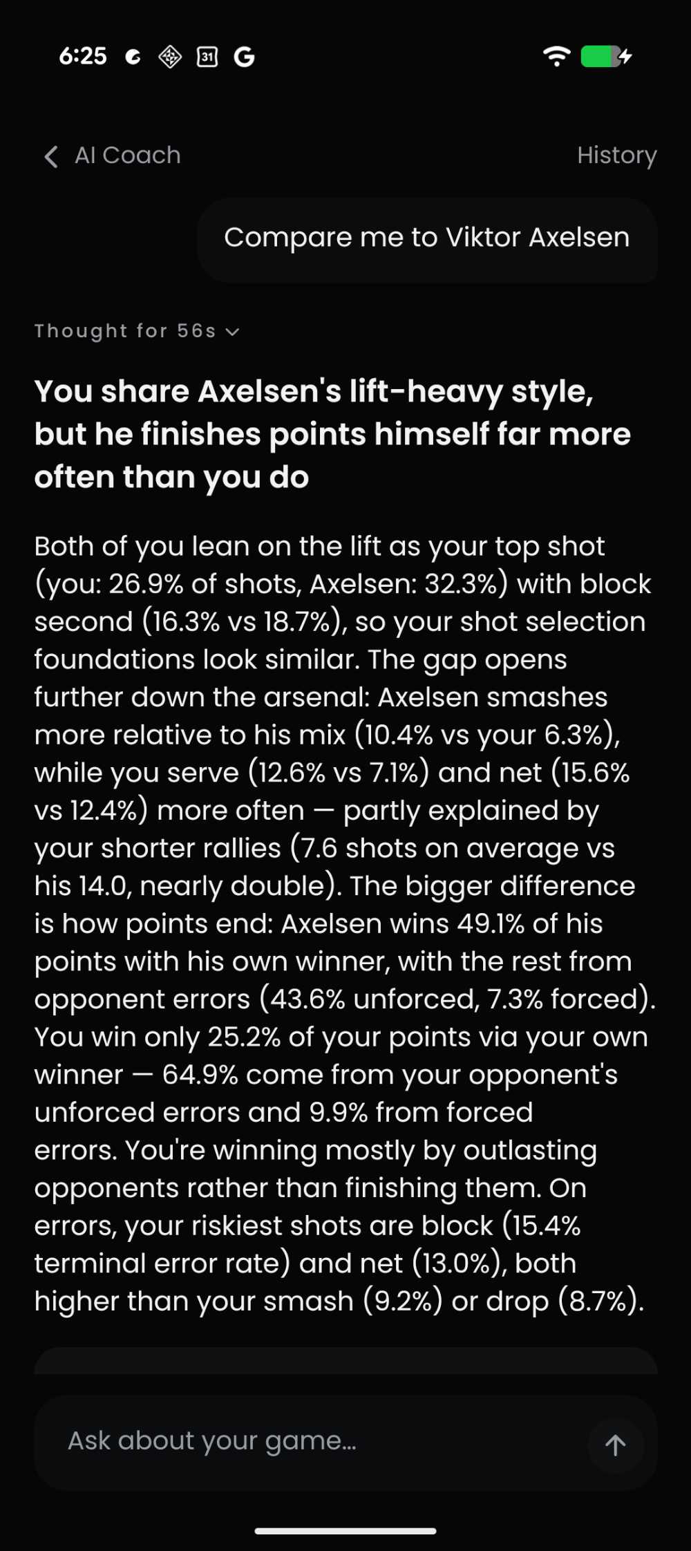 GGAB AI Coach comparing the player's shot selection and point-winning to Viktor Axelsen