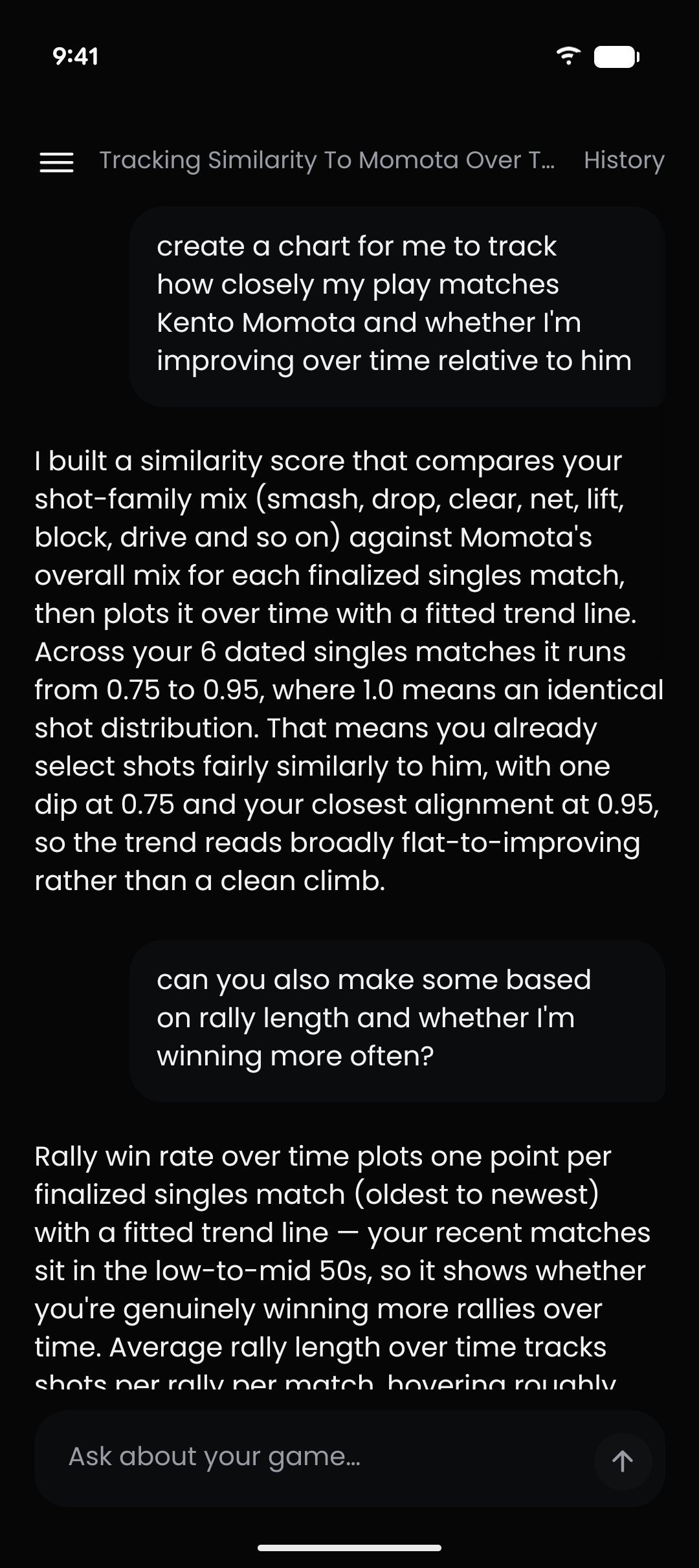 GGAB AI Coach scoring how closely the player's shot mix matches Kento Momota's, match by match