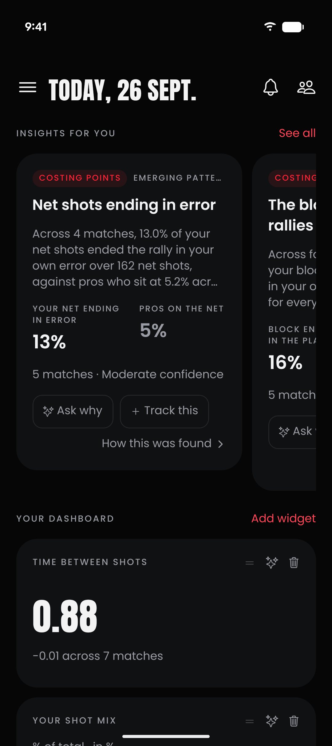 GGAB Home dashboard leading with an insight: 13% of net shots end in the player's own error, against 5% for pros