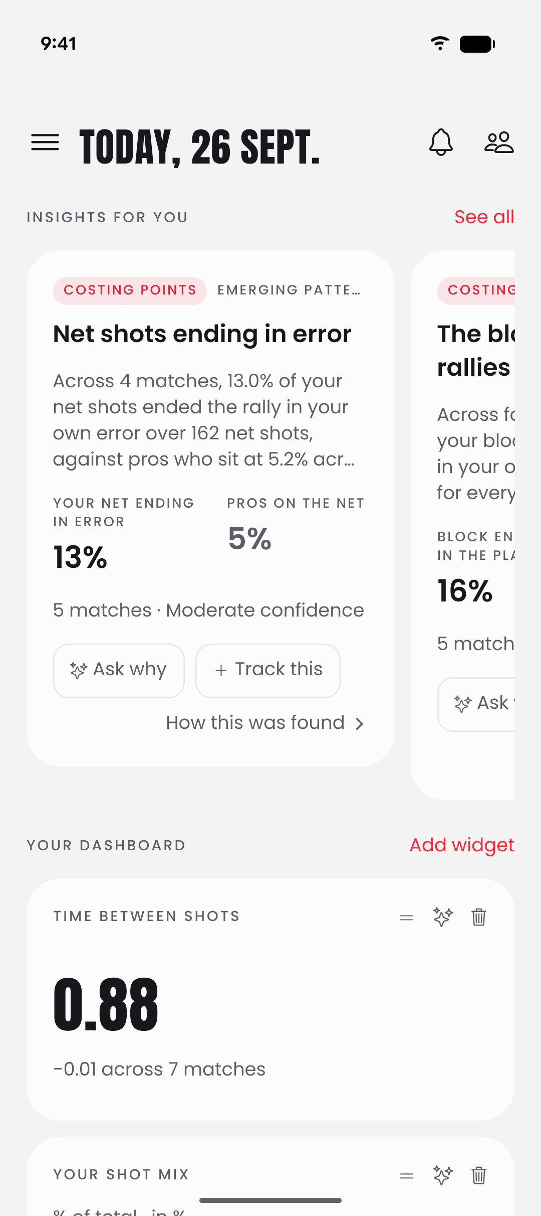 GGAB Home dashboard leading with an insight: 13% of net shots end in the player's own error, against 5% for pros