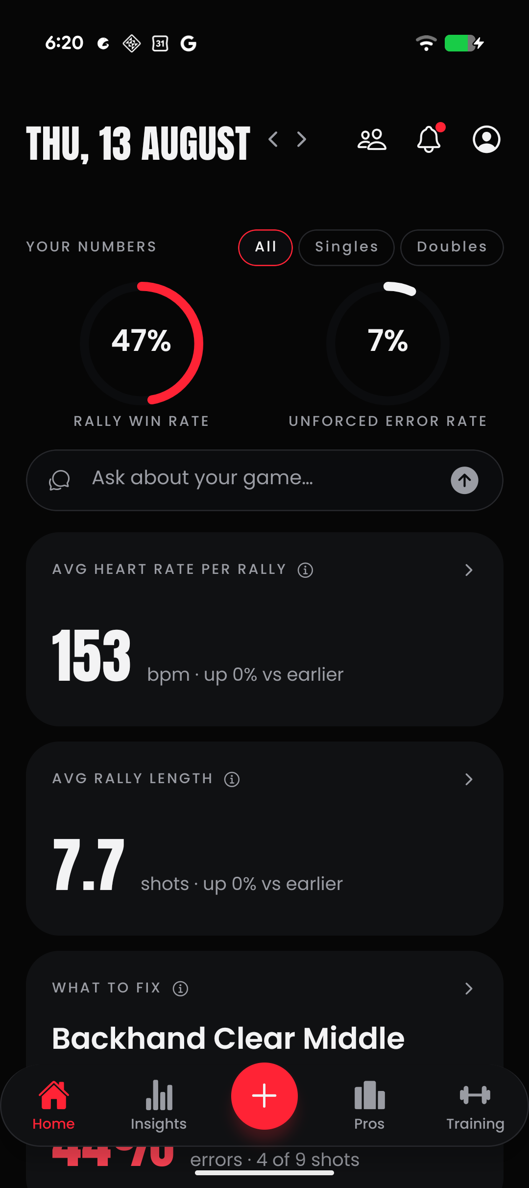 GGAB Home dashboard showing rally win rate, unforced error rate, heart rate per rally and what to fix